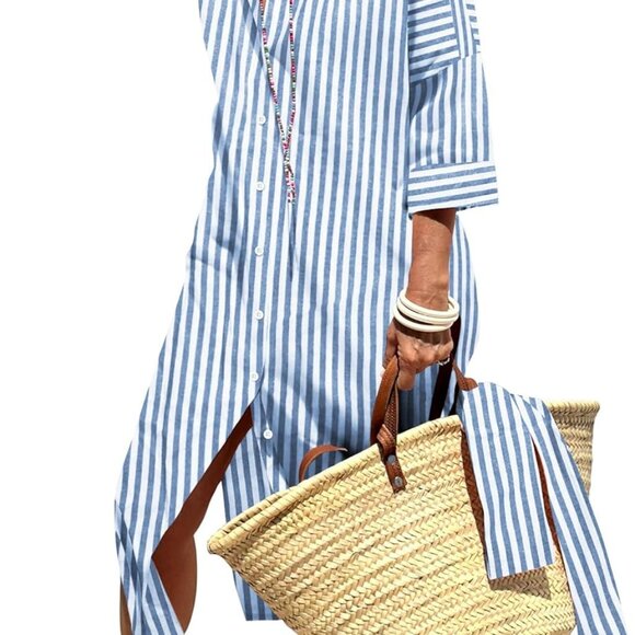 Dresses & Skirts - Women's Striped Cotton Shirt Dress Maxi Casual Work Party Chic